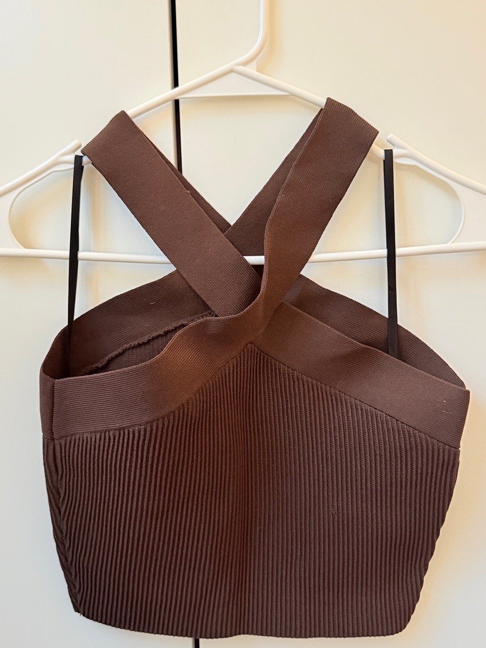 Babaton Brown Ribbed Shoulder Crossback Top